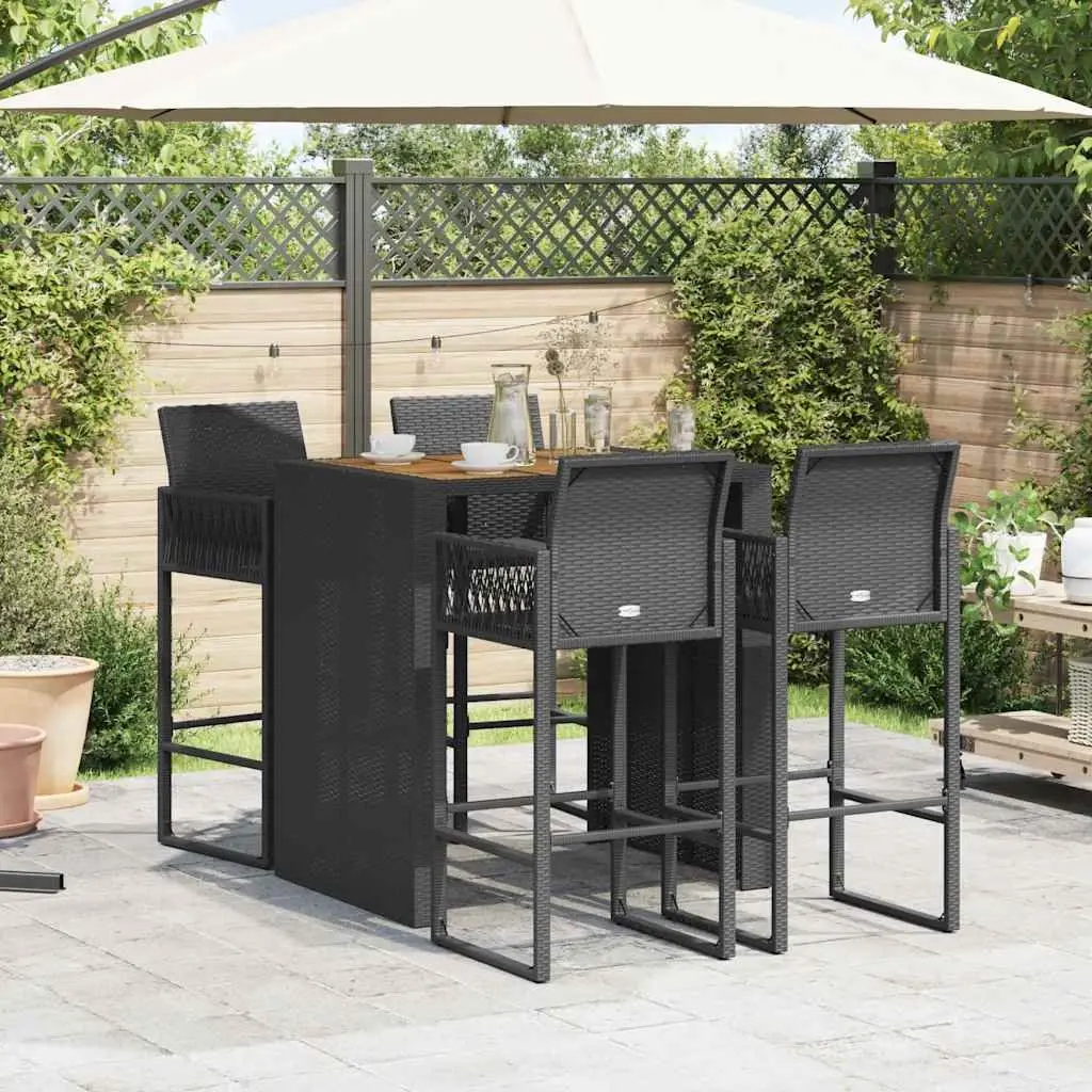 5 Piece Outdoor Garden Bar Set Black Poly Rattan Bar Table Stools