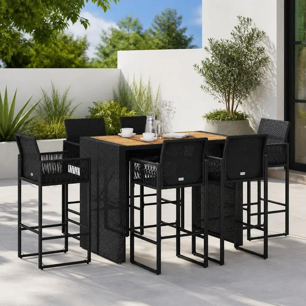 7 Piece Outdoor Garden Bar Set Black Poly Rattan Patio Furniture with Bar Stools