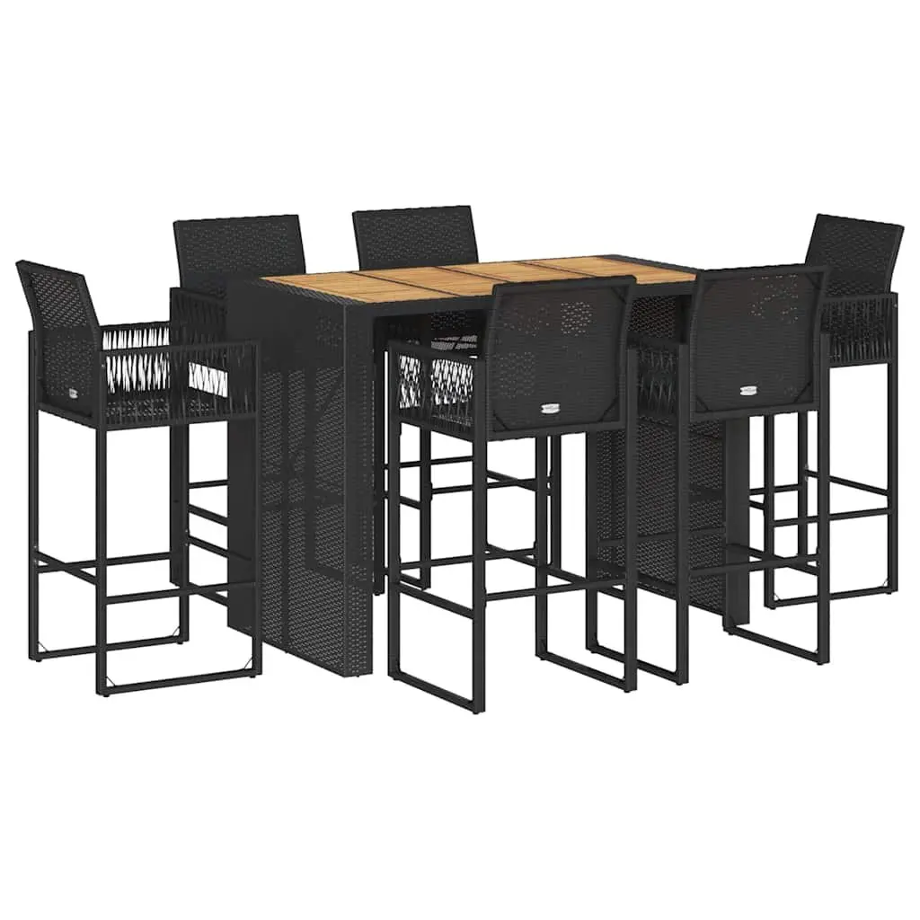 7 Piece Outdoor Garden Bar Set Black Poly Rattan Patio Furniture with Bar Stools