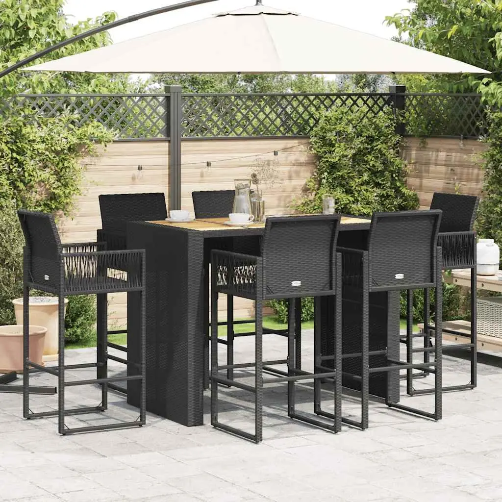 7 Piece Outdoor Garden Bar Set Black Poly Rattan Patio Furniture with Bar Stools