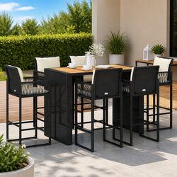 7 Piece Garden Bar Set with Backrest Cushions Black Rattan Outdoor Patio