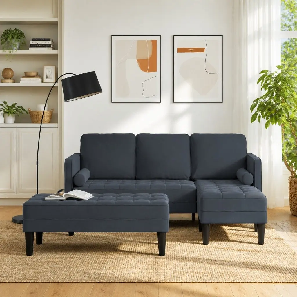 Modular Sofa Set 2-Piece Grey Polyester Living Room Furniture