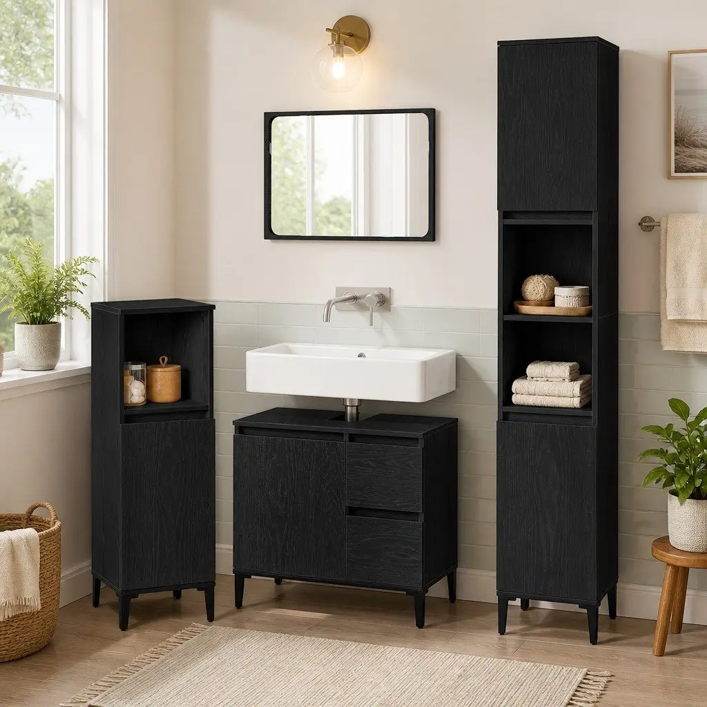 Wall-Mounted 3-Piece Bathroom Set in Black Oak