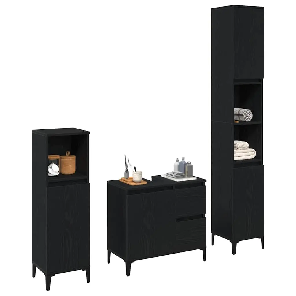 Bathroom Furniture Set Wall-mounted Storage 3 Piece Black Oak Engineered Wood