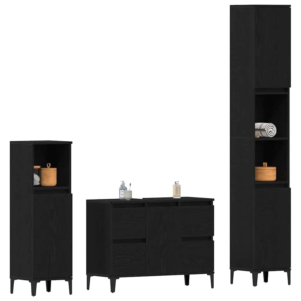 Bathroom Furniture Set Wall-mounted 3 pcs Black Engineered Wood Doors Storage
