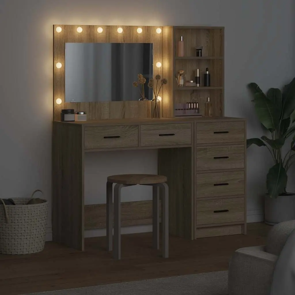 Modern Dressing Table Brown Bedroom Vanity Storage Mirror Lights Drawers Shelves