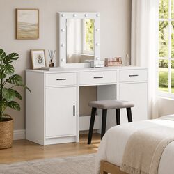 White Dressing Table with Mirror Lights Storage Drawers Bedroom Vanity Unit