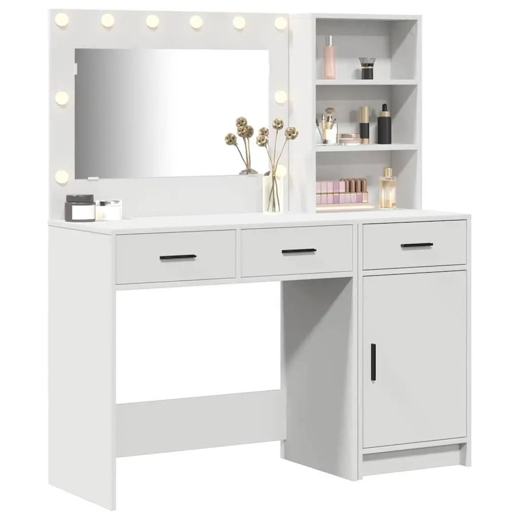 Dressing Table with LED Mirror Lights Storage Drawers 2 pcs White Contemporary Minimalist