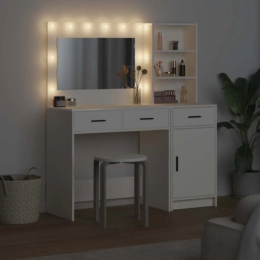 Dressing Table with LED Mirror Lights Storage Drawers 2 pcs White Contemporary Minimalist