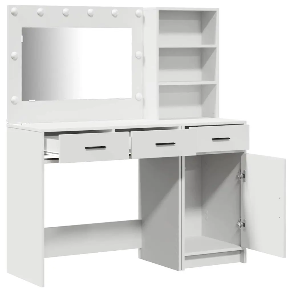 Dressing Table with LED Mirror Lights Storage Drawers 2 pcs White Contemporary Minimalist