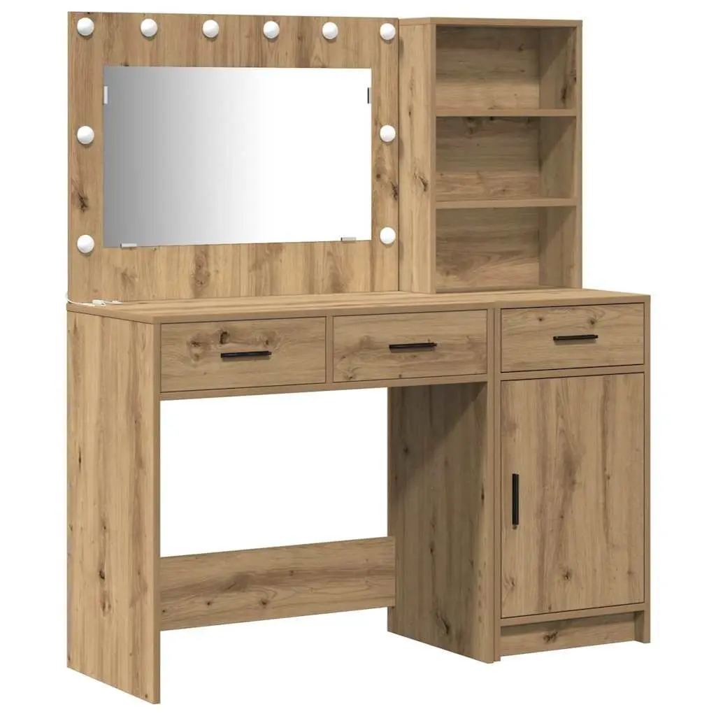 Dressing Table Vanity Unit with Mirror LED Lights Drawers Storage Brown 2 Piece