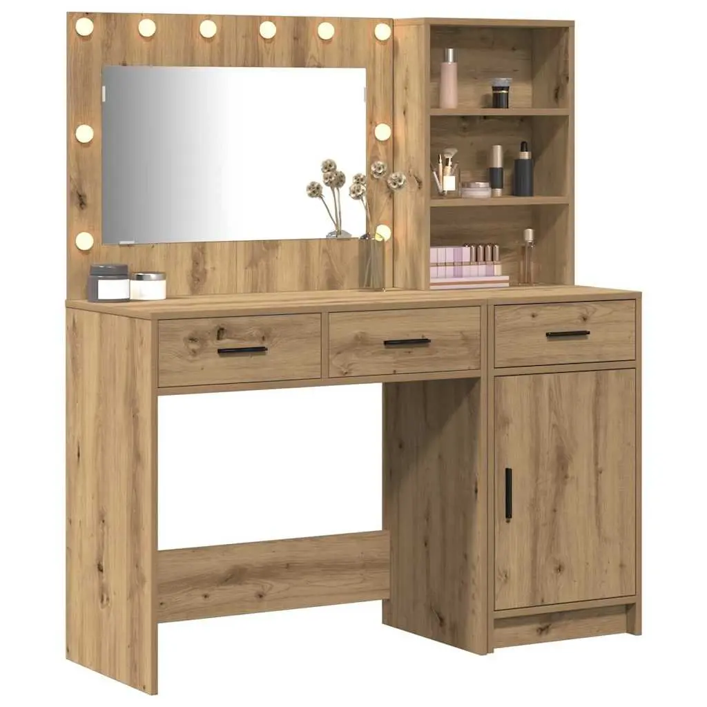 Dressing Table Vanity Unit with Mirror LED Lights Drawers Storage Brown 2 Piece