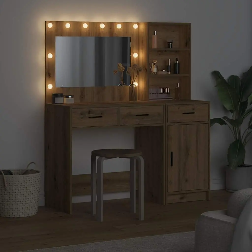 Dressing Table Vanity Unit with Mirror LED Lights Drawers Storage Brown 2 Piece