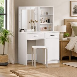 Dressing Table Set with LED Mirror 2 Pieces White Bedroom Vanity Storage