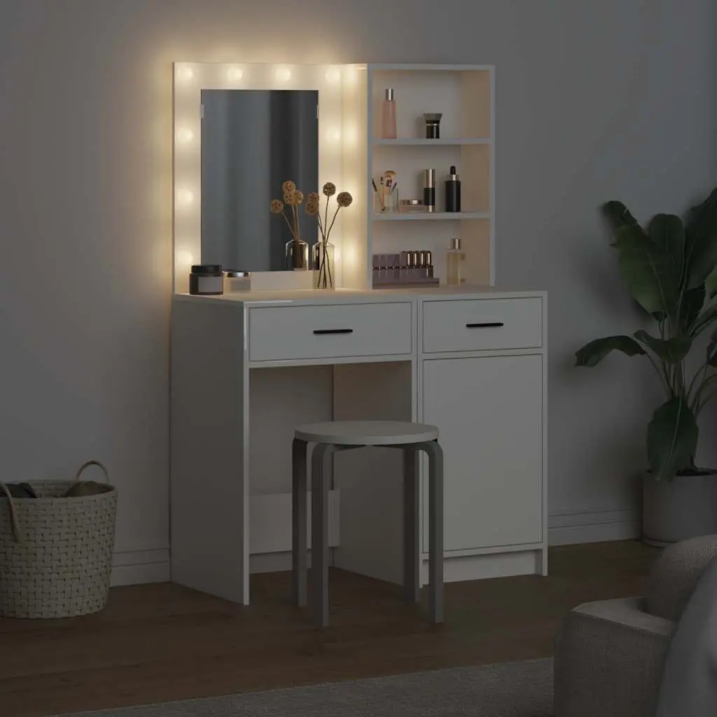 Dressing Table Set LED Mirror 2 Pieces White Bedroom Vanity Storage