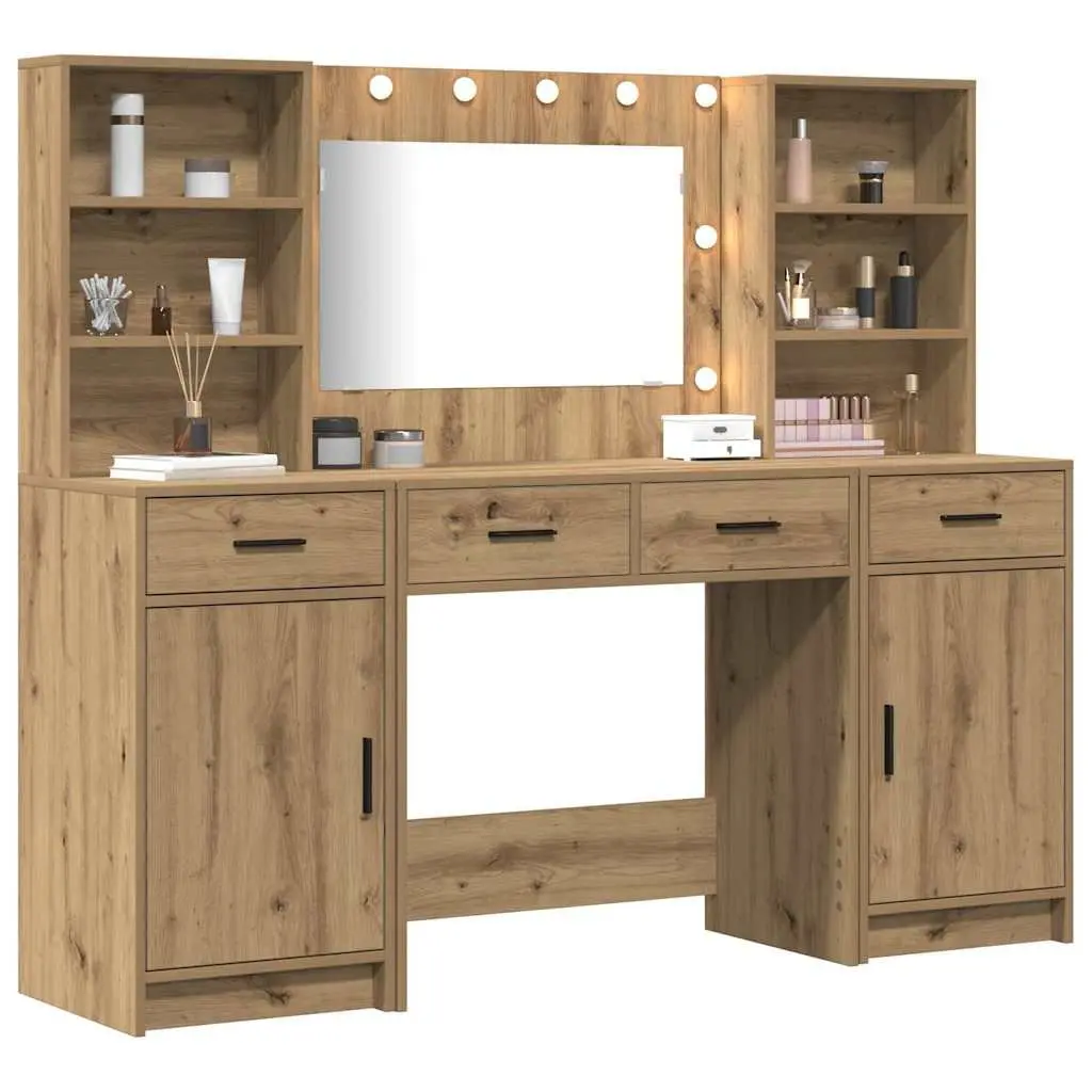 Dressing Table Set LED Mirror Acrylic 3 Piece Brown Engineered Wood
