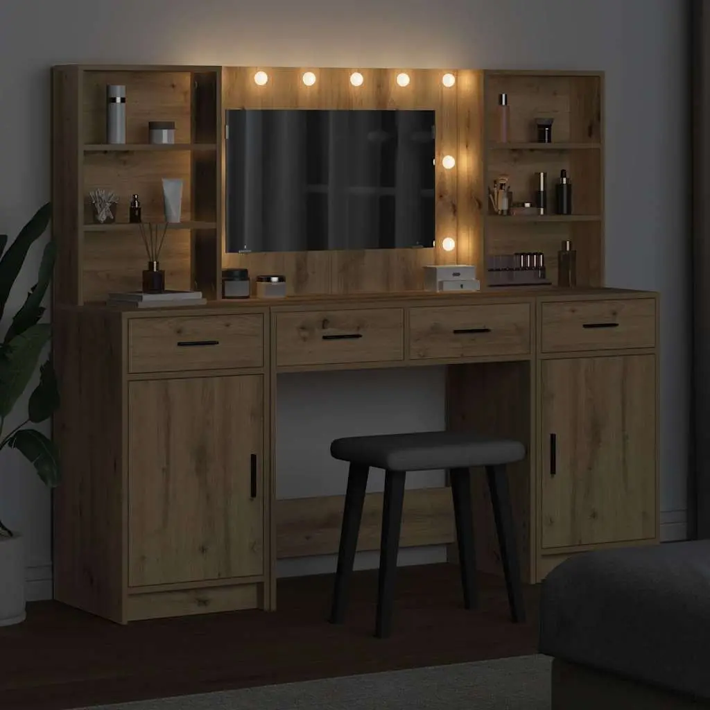 Dressing Table Set LED Mirror Acrylic 3 Piece Brown Engineered Wood