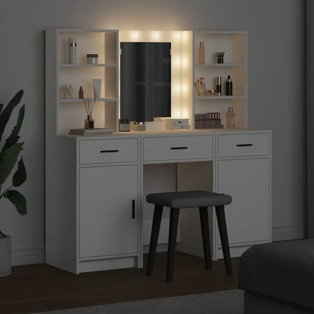 Dressing Table Set with LED Mirror 3 Piece White Bedroom Vanity Storage Drawers