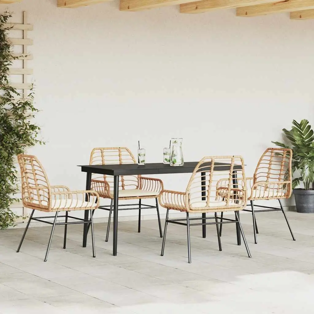 5 Piece Garden Dining Set Brown Poly Rattan with Cushions Glass Table Patio