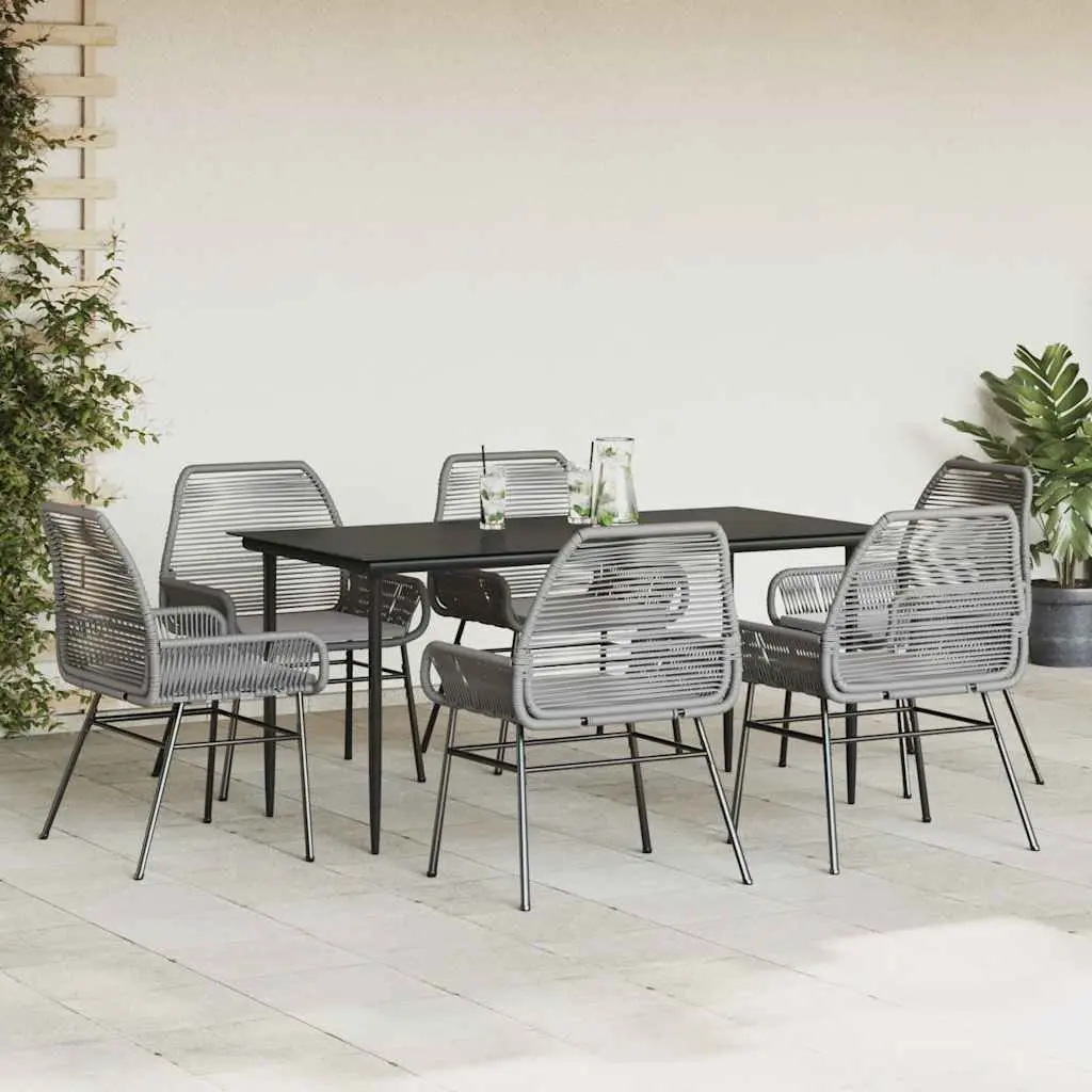 7 Piece Grey Garden Dining Set Poly Rattan Outdoor Furniture Glass Table Chairs