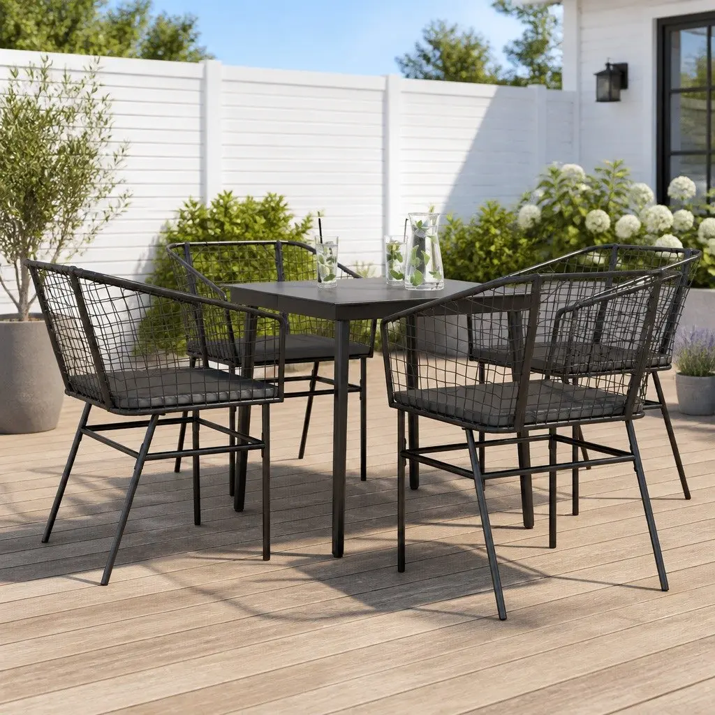 Outdoor Patio Furniture Set Black Poly Rattan Dining Table and Chairs with Cushions 5 Piece
