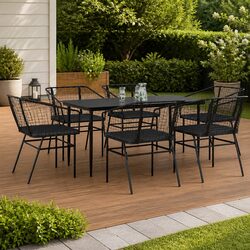 7 Piece Garden Dining Set Outdoor Table Chairs Cushions Black Poly Rattan