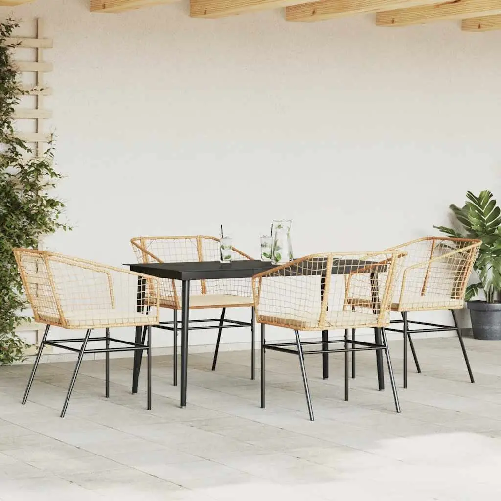 5 Piece Garden Dining Set Outdoor Furniture Brown Poly Rattan Glass Tabletop