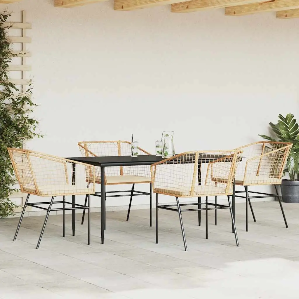 Outdoor Dining Set Brown Rattan 5 Piece Garden Furniture Steel Frame Glass Table Chairs