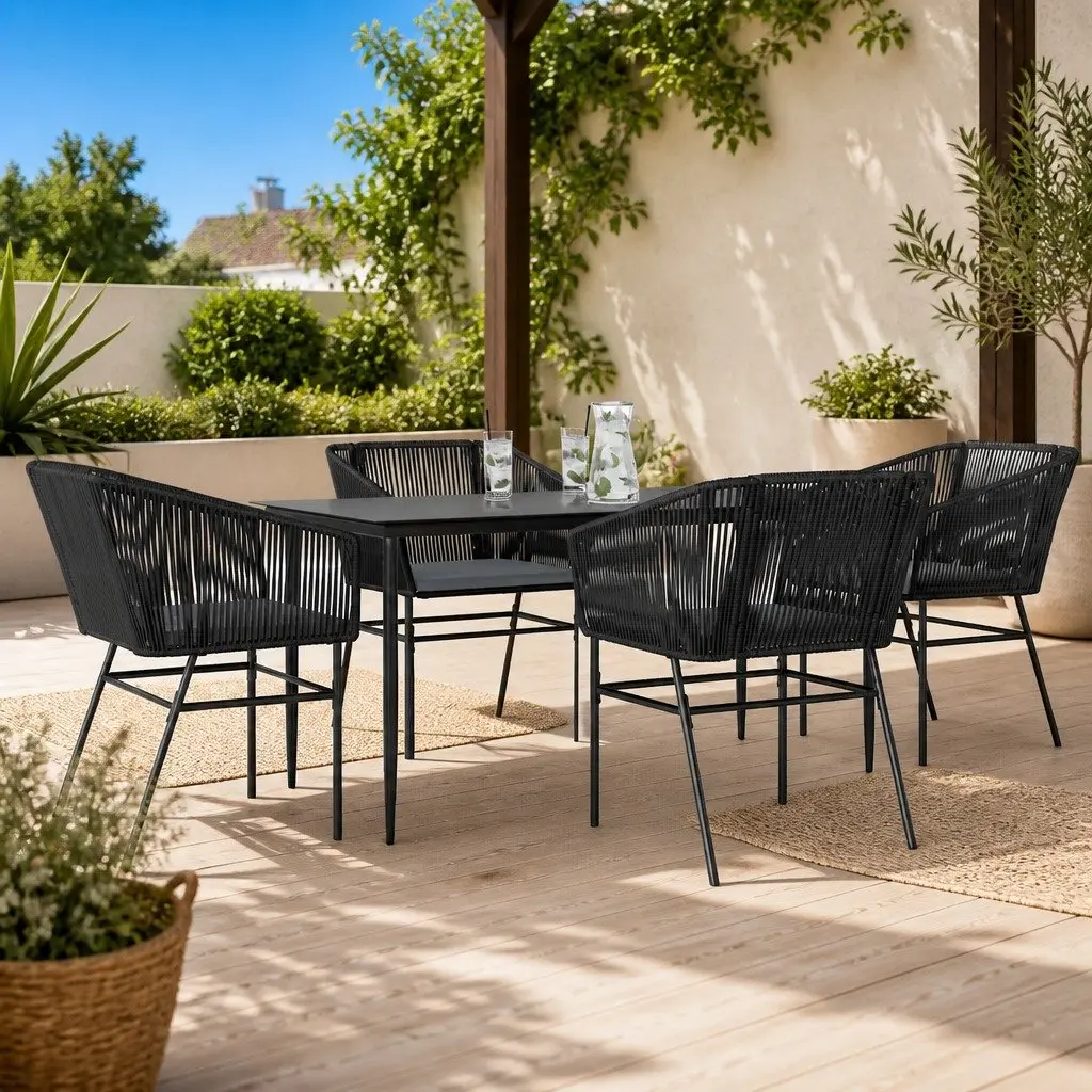 5 Piece Garden Dining Set Outdoor Patio Furniture Black Poly Rattan