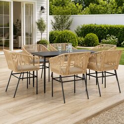 7 Piece Garden Dining Set Poly Rattan Glass Table Outdoor Furniture Brown