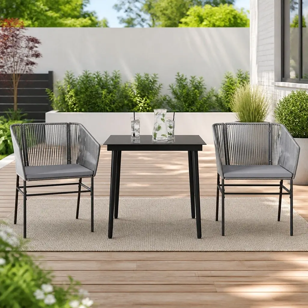 Garden Dining Set 3 Piece Outdoor Furniture Grey Poly Rattan Glass Table Chair