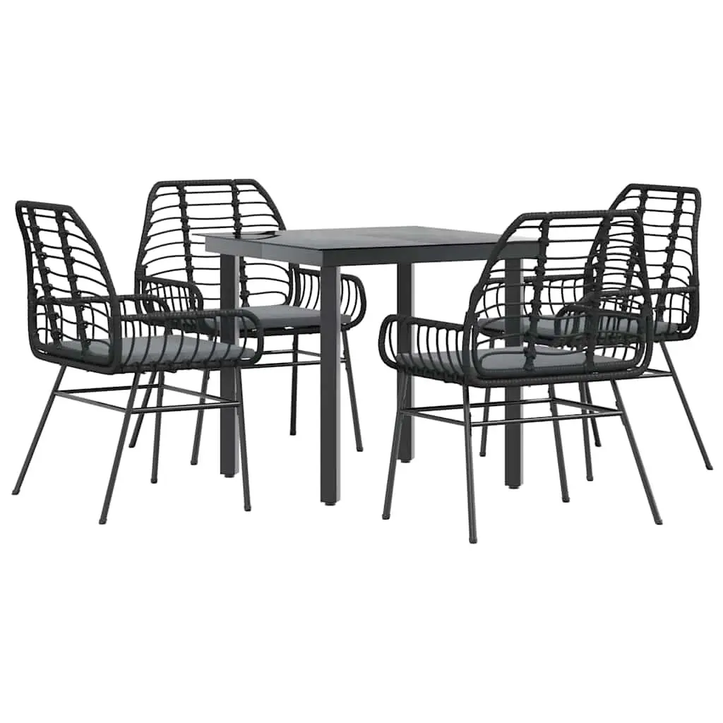 5 Piece Garden Dining Set Outdoor Patio Furniture Black Poly Rattan Glass Table