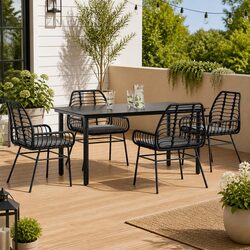 5 Piece Garden Dining Set Black Poly Rattan with Glass Top Chairs Cushions Patio