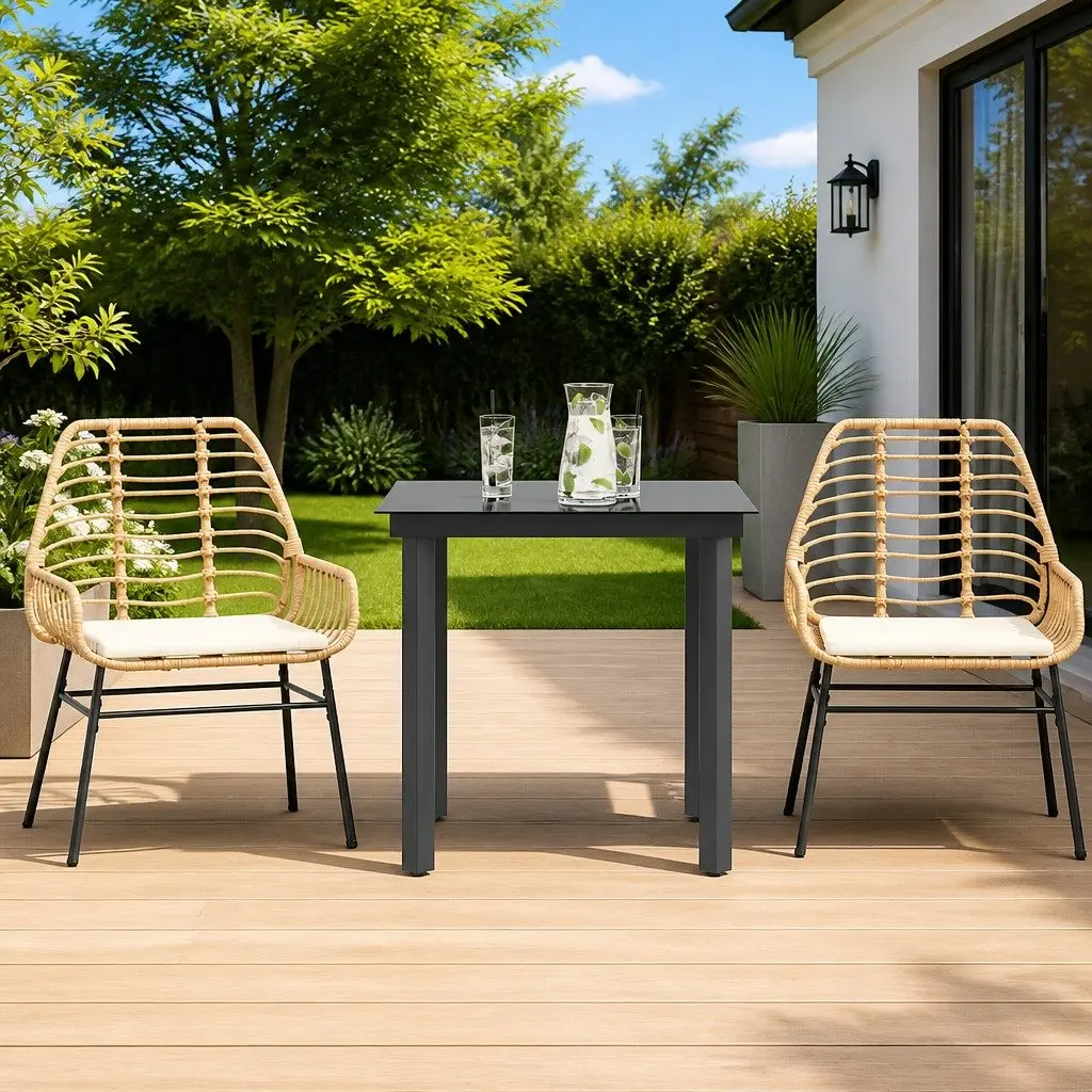 Garden Dining Set 3 Piece Outdoor Furniture Brown PE Rattan Glass Top Table