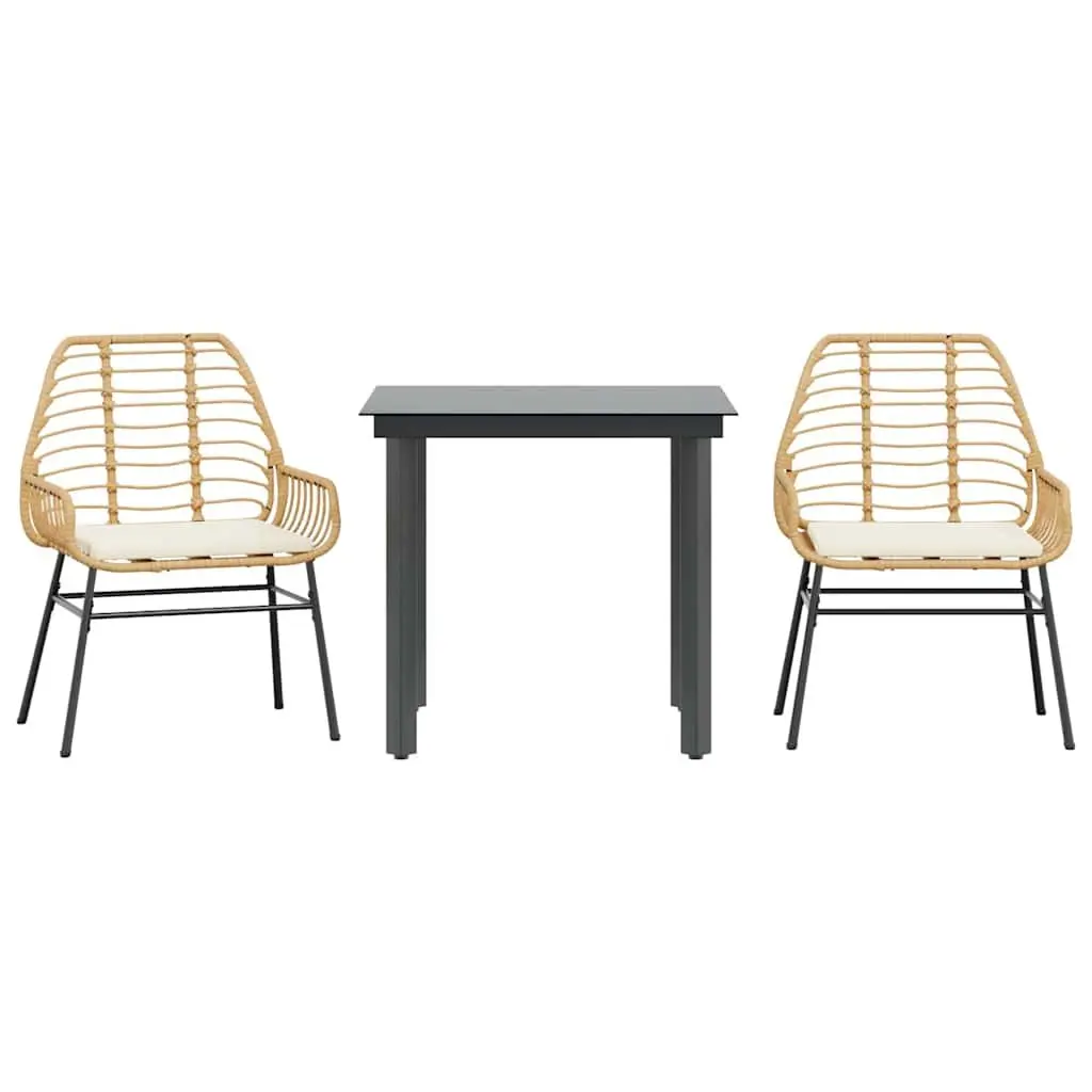 Garden Dining Set 3 Piece Outdoor Furniture Brown PE Rattan Glass Top Table