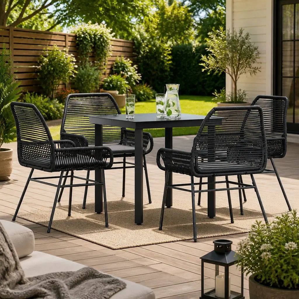 Outdoor Furniture Dining Set 5 Piece Patio Black Poly Rattan Glass for Al Fresco Relaxation
