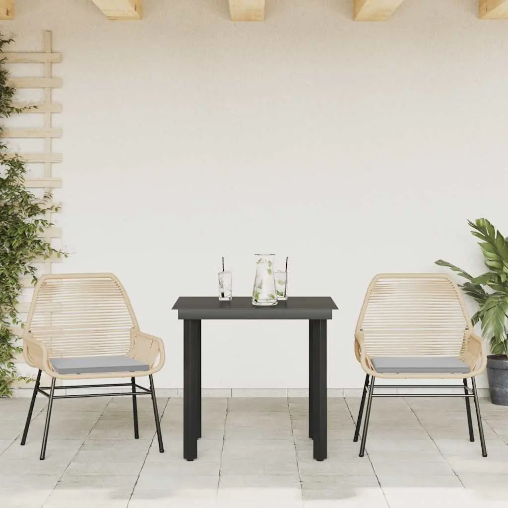 3 Piece Garden Dining Set Brown Poly Rattan Cushions Tempered Glass Outdoor