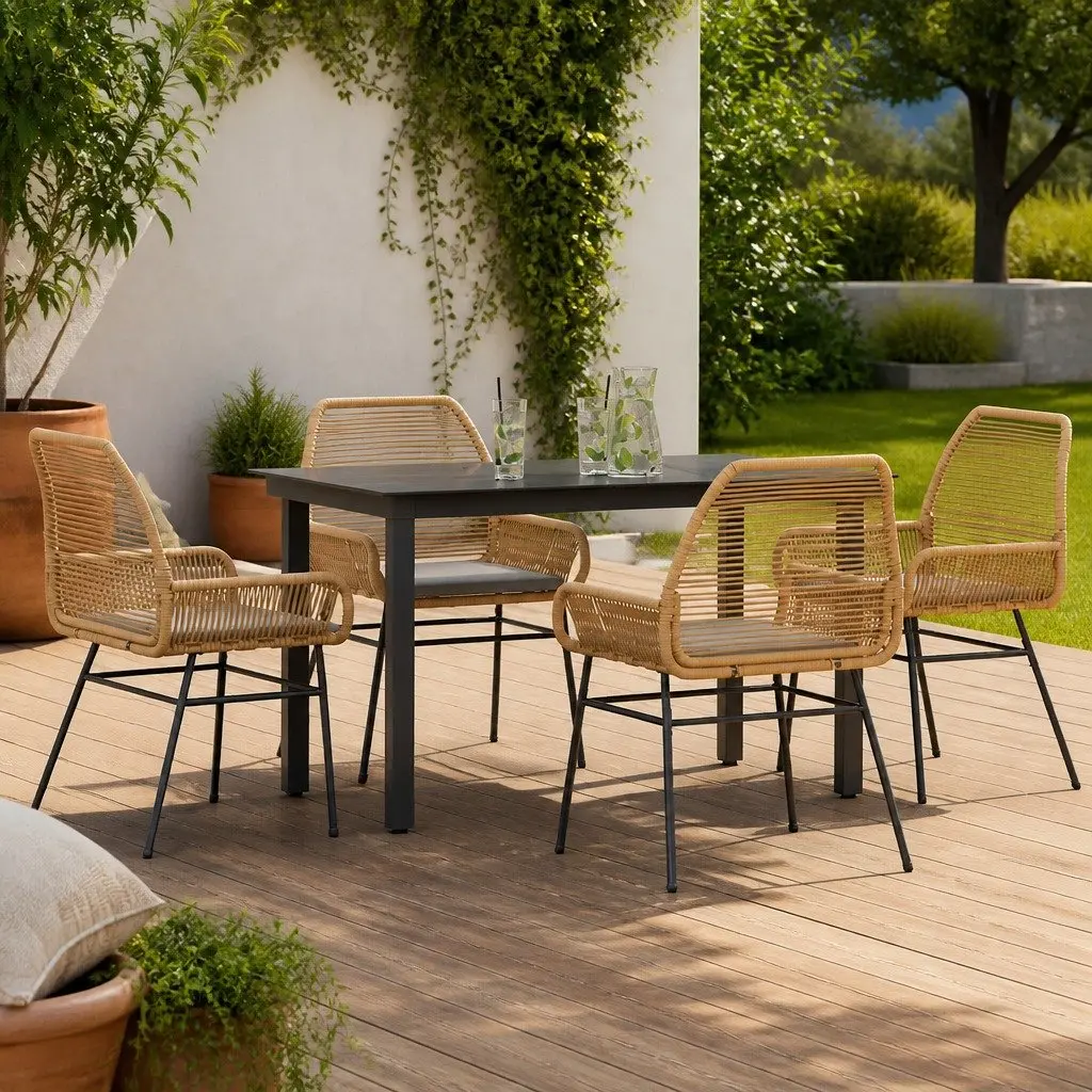 5 Piece Garden Dining Set Outdoor Patio Brown Poly Rattan Cushions