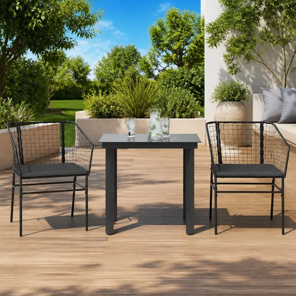 Garden Dining Set 3 Piece Outdoor Furniture Patio Table Chairs Black Poly Rattan
