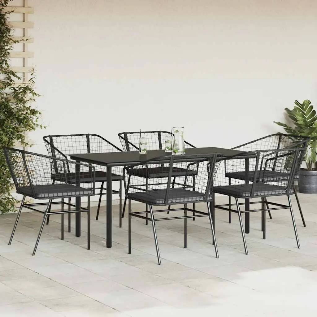 7 Piece Garden Dining Set Outdoor Patio Furniture Black Poly Rattan Glass Table