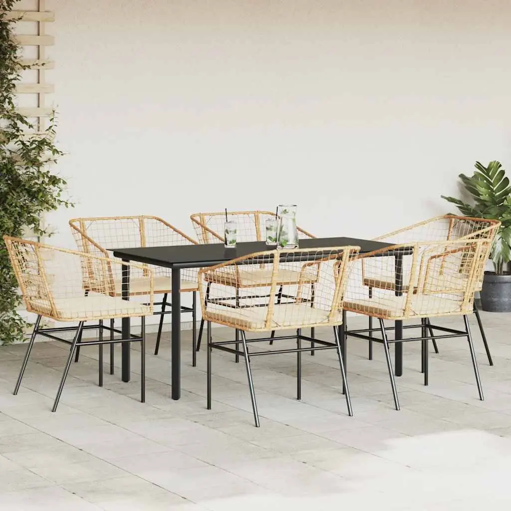Outdoor Dining Set for Garden Patio 7 Piece Brown Cushioned Table and Chairs Poly Rattan
