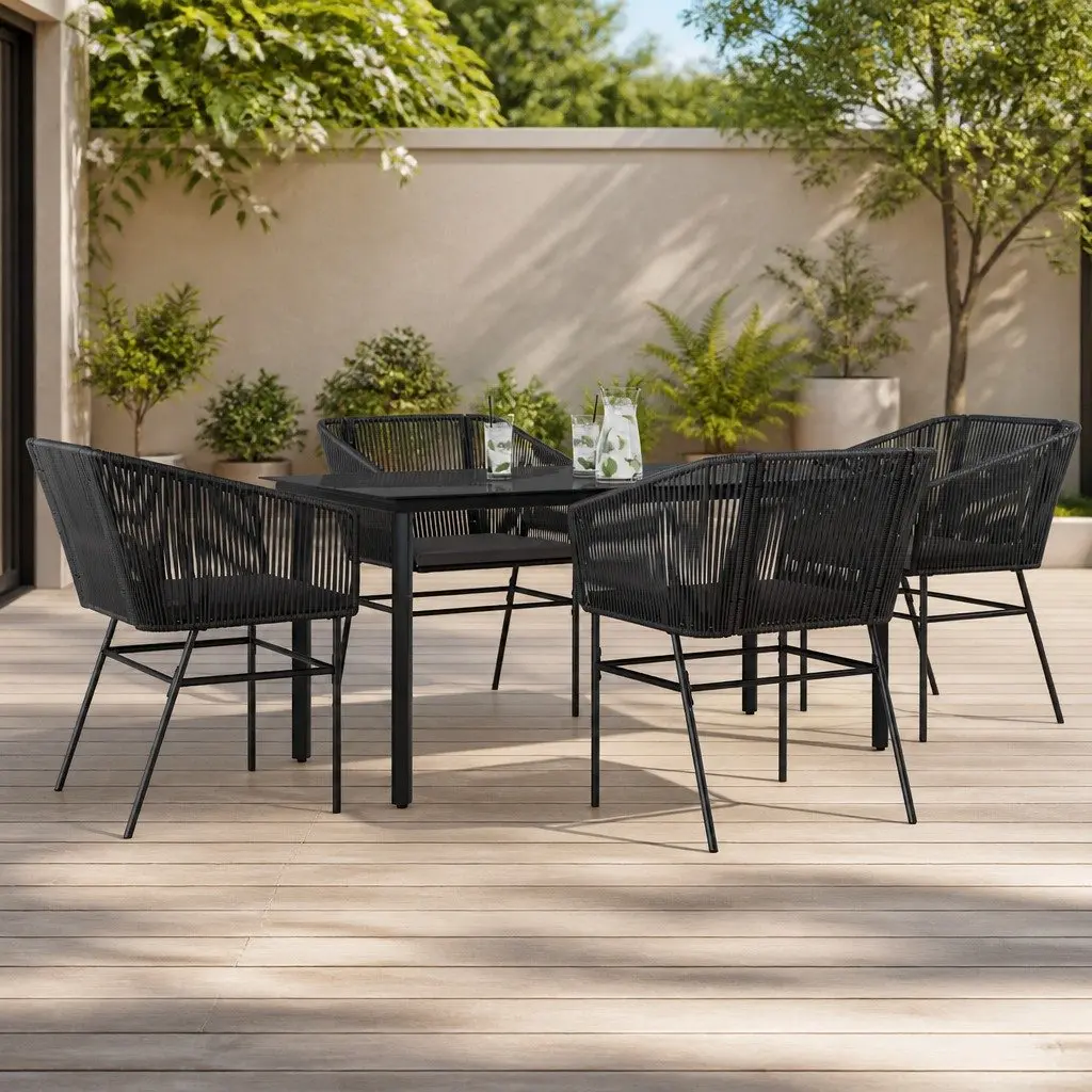 5 Piece Garden Dining Set Outdoor Patio Black Poly Rattan Glass Tabletop