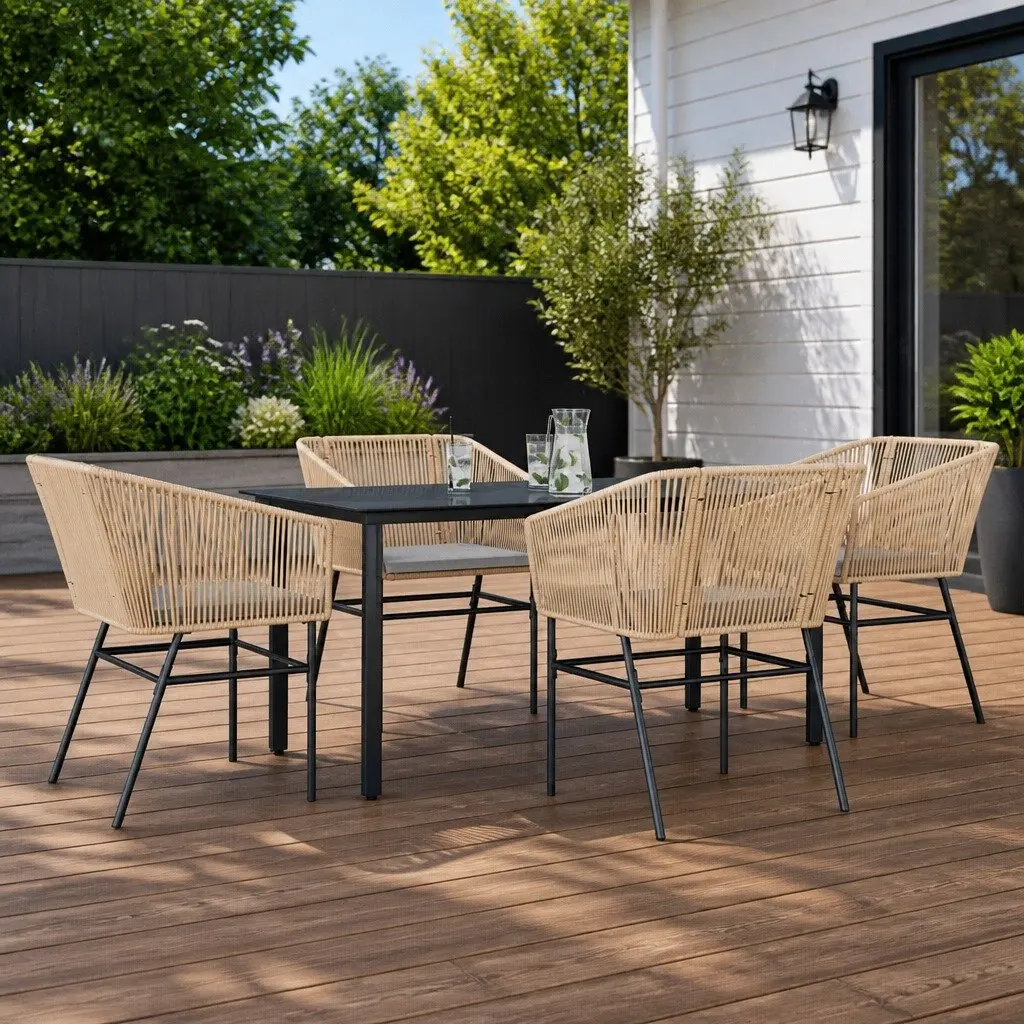 5 Piece Garden Dining Set Outdoor Furniture Brown Poly Rattan with Cushions