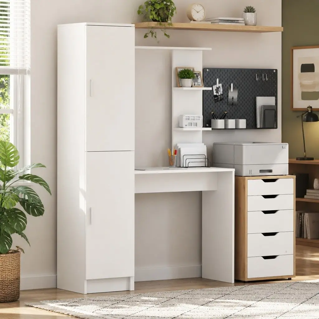 Desk White Engineered Wood Office Workspace Storage with Shelves and Doors