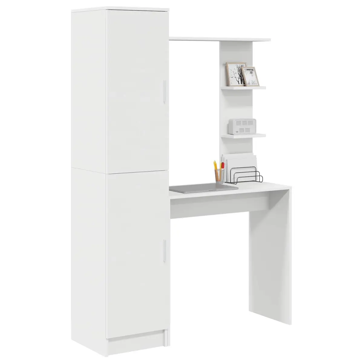 Desk White Engineered Wood Office Workspace Storage with Shelves and Doors