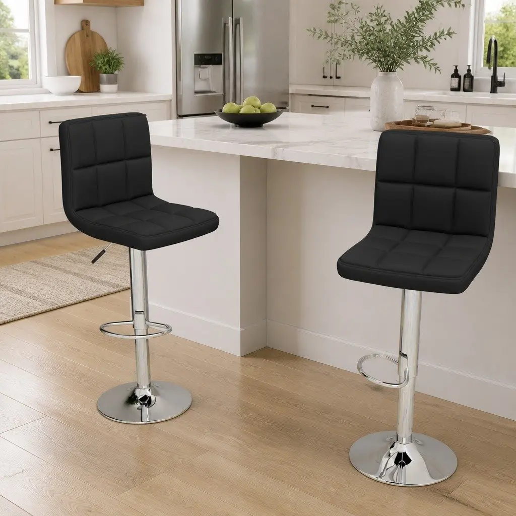 Bar Stools Height Adjustable Swivel 2 Piece Black Fabric Counter Seating