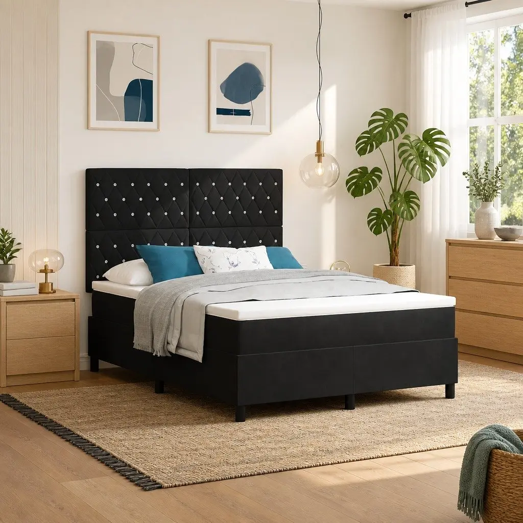 Box Spring Bed Adjustable Headboard 152 x 203 cm Black White Medium Firm