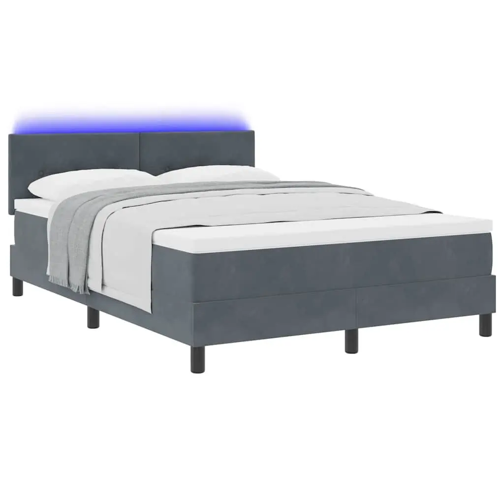 Box Spring Bed Dark Grey White Fabric 152x203cm Adjustable Headboard LED Lights