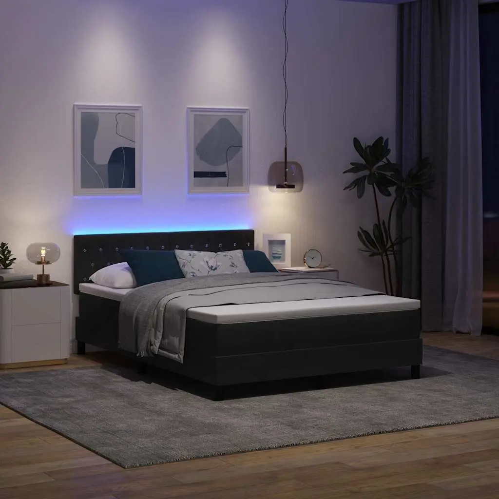 Box Spring Bed with Adjustable Headboard LED Lights in Black White Velvet 152x203cm
