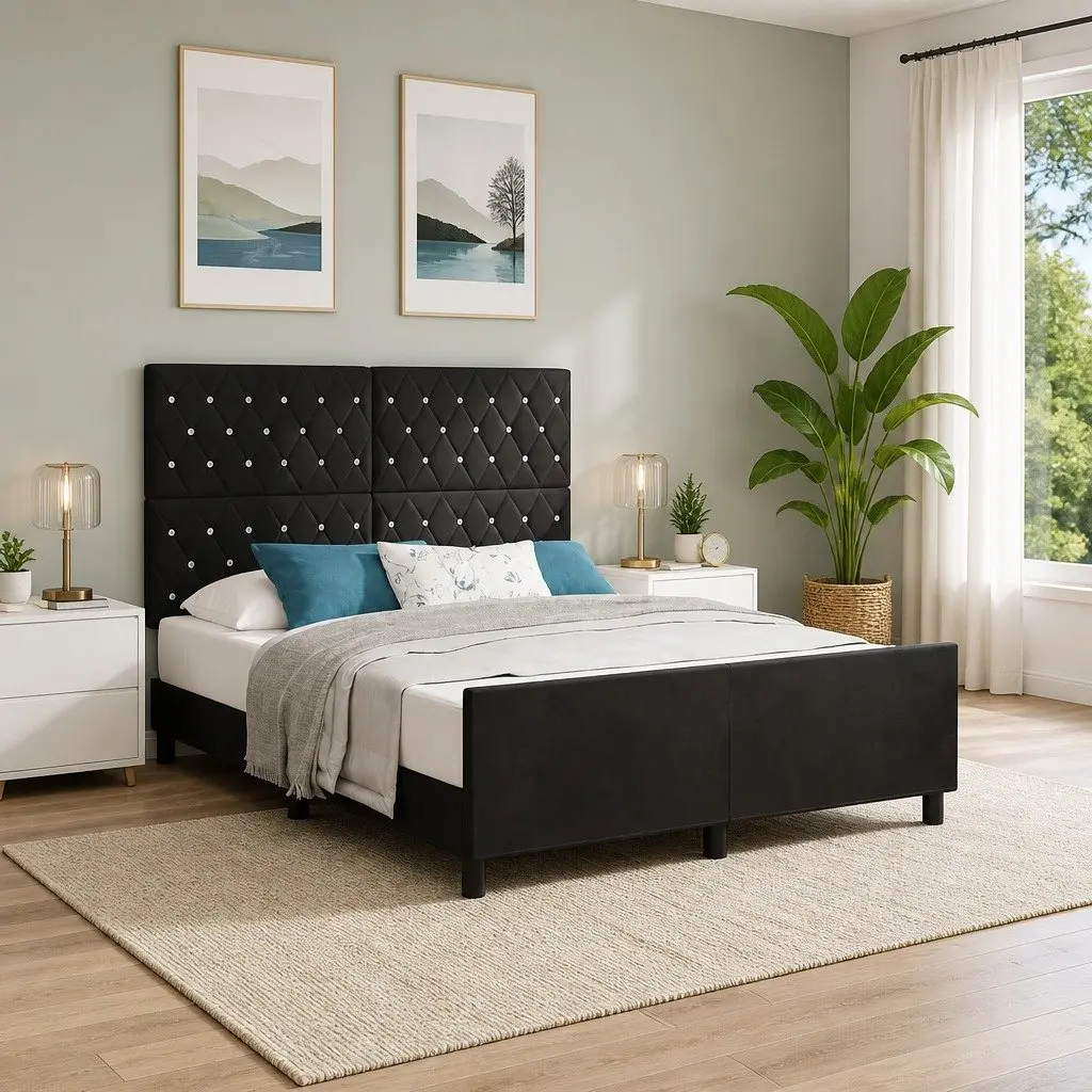 Black Bed Frame with Velvet Headboard 152 x 203 cm